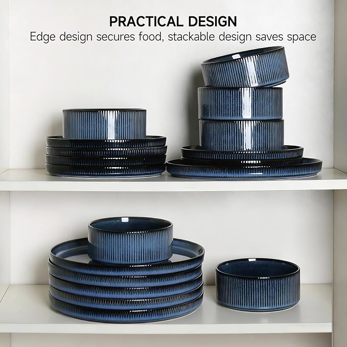 MONITO Ceramic Dinnerware Sets for 4, 12PCS Stoneware Plates and Bowls Sets, Reactive Glaze Dish Set, Chip and Scratch Resistant Double, Microwave and Dishwasher Safe, Dark Blue