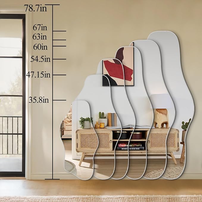Large Irregular Wall Mirror, 60"x24" Silver Asymmetrical Tempered Glass Mirror, Frameless Organic Shaped Mirrors for Entryway Hallway Bedroom Living Room, Horizontal or Vertical Hanging