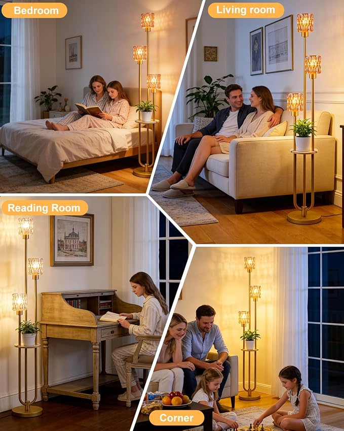 62IN Gold Floor Lamp with Amber Glass Shade 3-Lights Mid-Century Modern Farmhouse Floor Lamps with 3000K Warm White Bulbs, Tall Standing Lamp 5Lbs Heavy Base for Living Room/Bedroom/Corner