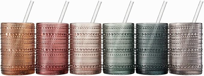 Khen Hobnail Drinking Glasses & Straws, 6x Neutral Muted Colors 14oz Vintage Glassware Set of 6 Embossed Vintage Water Cups, Highball Glasses for Cocktail, Whiskey, Beer & Juice, Dishwasher Safe Gift