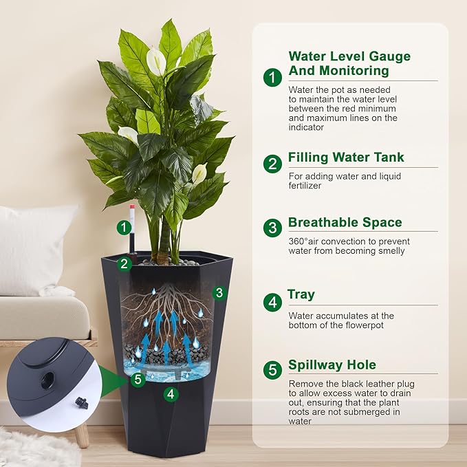 22.4 Inch Tall Planters for Outdoor Indoor Plants Set of 2, Tapered Large Flower Pots with 2 Trays and a Water Level Monitor with Wheels Planter Pots, Plant Pot for Patio, Balcony, Lounge