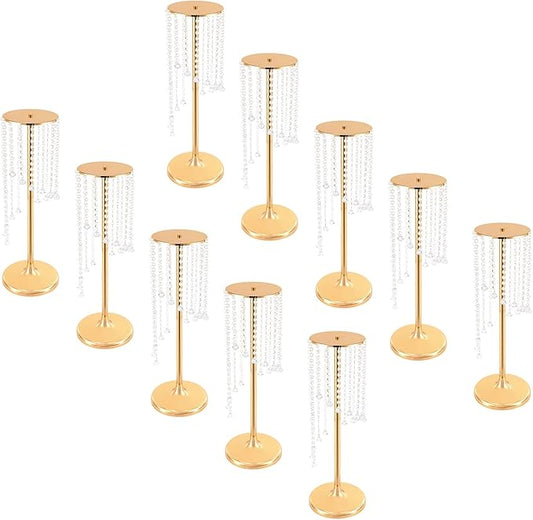 10 Pcs 27.5In Tall Crystal Flower Vase, Acrylic Crystal Flower Vases Metal Flower Stand for Wedding Reception and Event Centerpieces 9.4 x 9.4 x 27.5 Inch Gold
