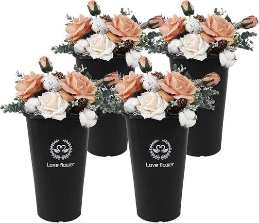 12 Inch Floral Plastic Bucket with Cut Out Handle, 4-Pack Tall Plastic Flower Buckets, Black