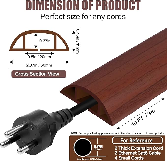 Floor Cord Cover Cavity 0.8"x0.37" Self Adhesive Cord Hider, 10FT Low Profile Cable Management, Extension Strip Protector for Wires, Prevent Cable Trips for Offices, Gyms, Exhibitions（Red Teak）