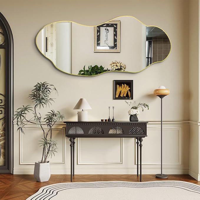 Large Irregular Wall Mirror, 63"x27.2" Asymmetrical Mirror with Gold Metal Frame, Organic Shape Mirror for Living Room Bedroom Hallway Entryway, Horizontal or Vertical Hanging