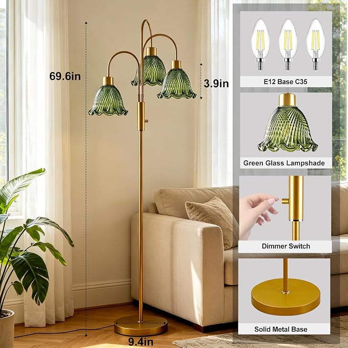 Lightdot 3-Light Glass Floor Lamp for Living Room, 70" Gold Dimmable Standing Tall Lamp with Green Ribbed Glass Shades &3PCS 3000K Warm White Bulbs, Modern Tree Pole Lamp for Bedroom Home Decor