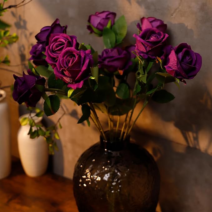 12 Pcs Artificial Rose Flowers, Silk Roses with Long Stems, Realistic Fake Roses for Wedding Centerpiece Party Home and Office DIY Decor, Purple