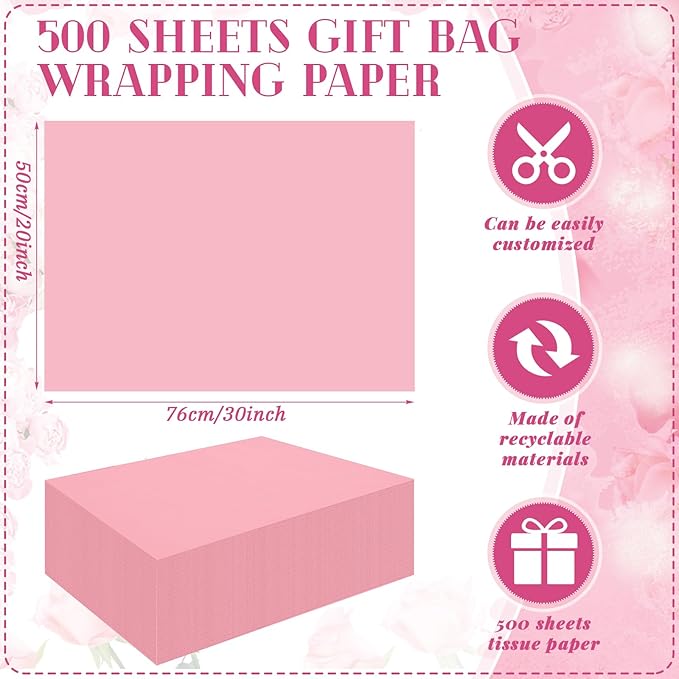 Qilery 500 Sheets Light Pink Tissue Paper Bulk for Gift Bags 20 x 30 Inch Acid Free Packaging Wrapping Decoupage Paper Sheets for Christmas Decoration DIY Crafts, Wedding, Packing Supplies for Moving