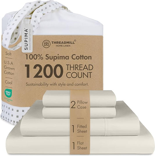 Threadmill Supima King Size Sheets, 1200 Thread Count, 4 Piece American Luxury Bed Sheets for King Mattress, 5 Star Hotel Quality Cotton Sheets with Elasticized Extra Deep Pocket, Taupe