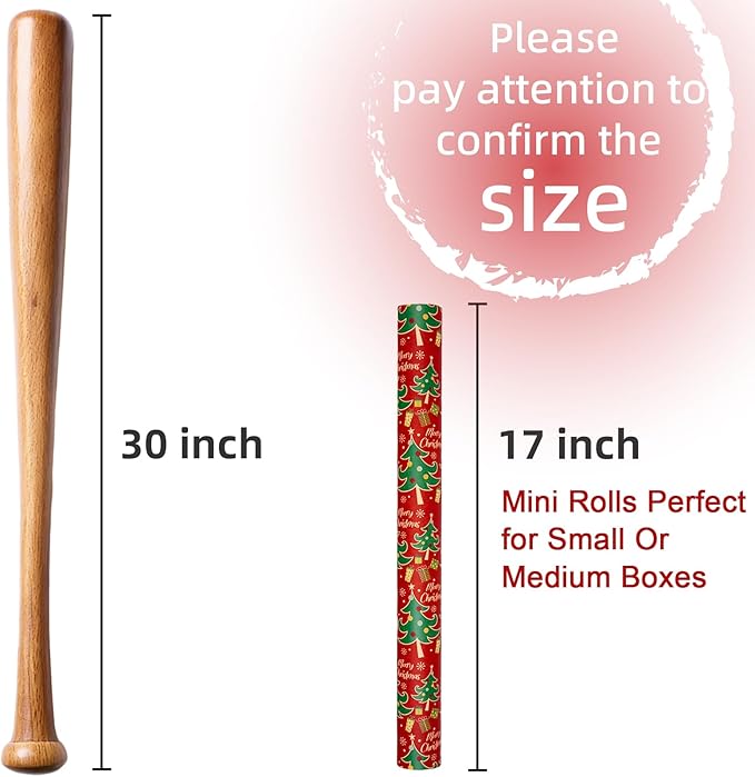 Yarcony Red Christmas Wrapping Paper, Thick Kraft Wrapping Paper, Vintage Traditional Red and Green Christmas Tree Pattern Brown Holiday Gift Wrap for Present Packaging (Mini Roll, 17 Inch X 33 Feet)