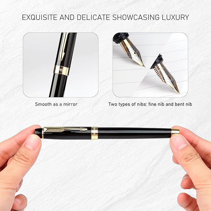 BOCIYER Fountain Pen with Fine Nib & Black Ink, Refillable & Elegant Bent Nib Design, Calligraphy Pens for Writing, Best Fountain Pen for Smooth & Fancy Writing (Black)