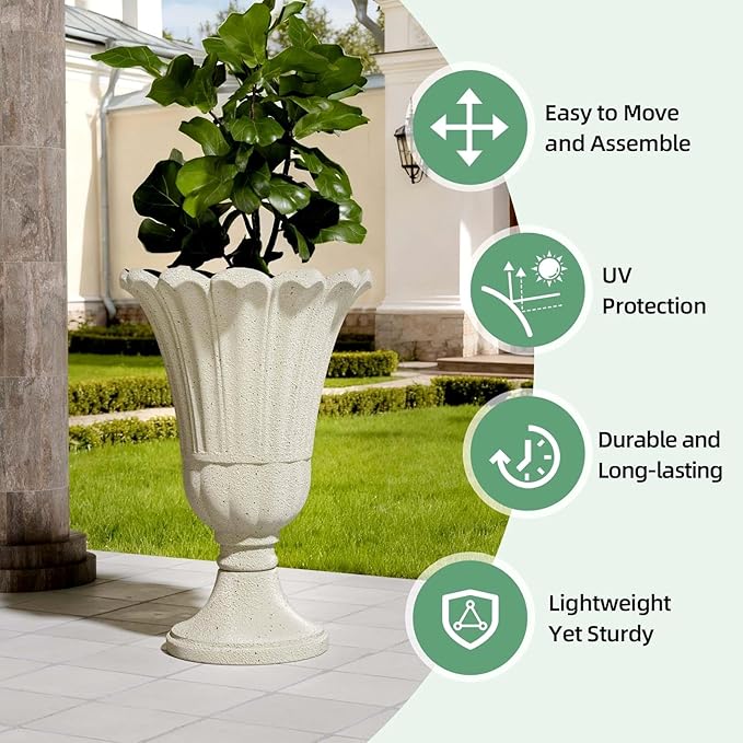 Tall Plastic Urn Planters for Outdoor Plants Set of 2-23.6" H Classic Petal Design Indoor Large Flower Pots with Drainage Holes, Outdoor Planters for Porch Decor/Garden Vase, Beige/Off White