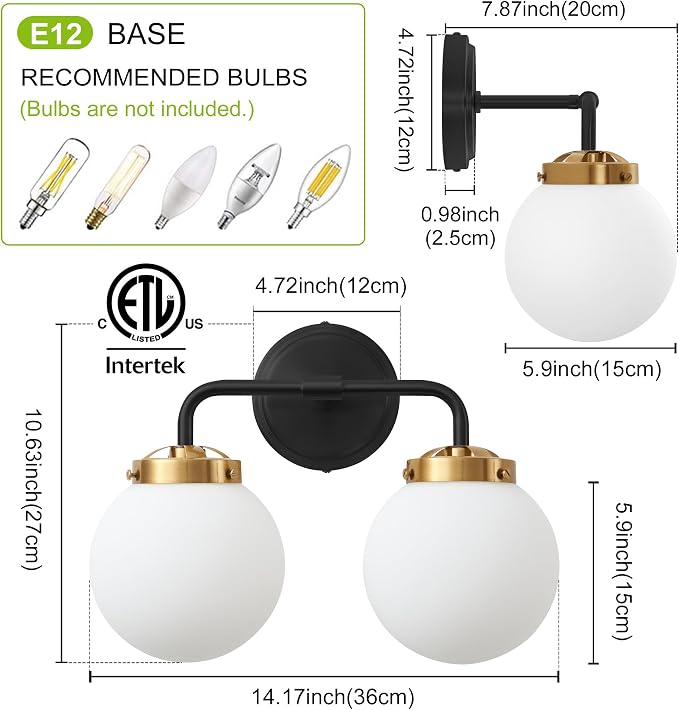 Black Gold Bathroom Light Fixtures Over Mirror, 14.17'' Vanity Lighting with Milk White Glass Globe Shades 2-Light Farmhouse Wall Sconce