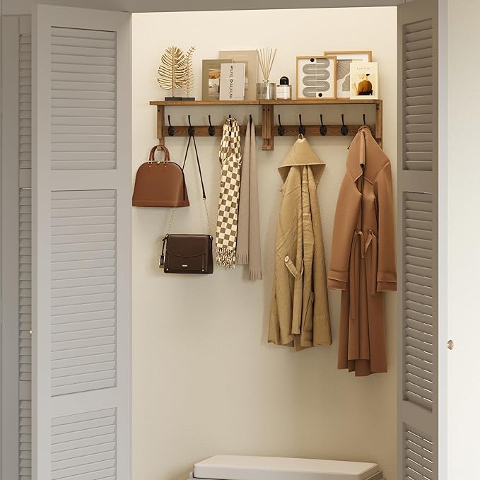 AMBIRD Coat Rack Wall Mounted with Shelf, Coat Hooks Wall Mounted, Wall Hooks for Hanging in Entryway, Living Room, Bathroom, Bedroom (Brown)