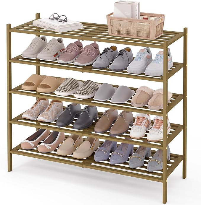 Smiry Long Bamboo Shoe Rack 5-Tier, Stackable Wooden Shoe Organizer for Entryway & Closet, Free Standing Wood Shoe Storage Shelf for Front Door & Small Spaces, Walnut