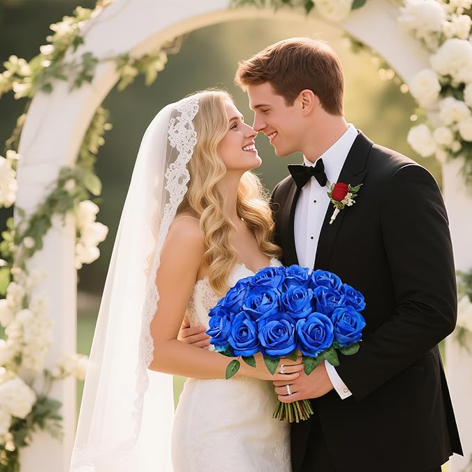22 Pcs Artificial Roses - Realistic Velvet Flowers with Stems, Bulk Faux Roses for Home Wedding Party Decor (Blue)
