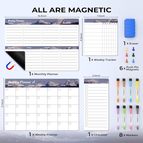 MARSROCK Magnetic Refrigerator Calendar - 16.3x11.7” Weekly & Monthly Planner | Chore Chart & Grocery List with Markers & Eraser, Gray