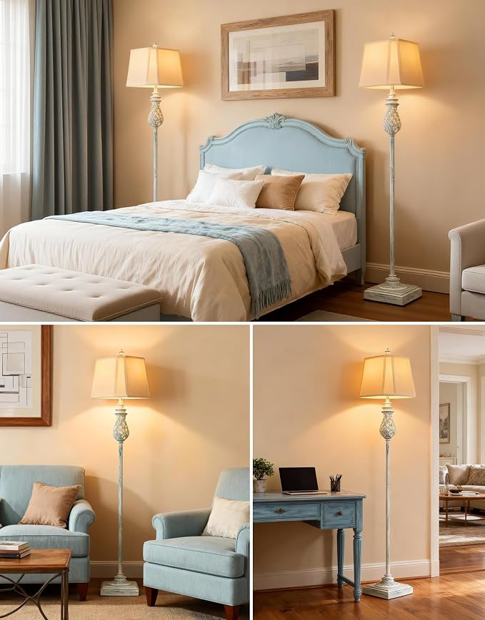 64'' Vintage Floor Lamp with Nightlight, Rustic Farmhouse Tall Standing Lamp with Rotary Switch and White Linen Shade for Living Room, Corner, Bedroom, House Decor, Wash Blue (Bulb Included)