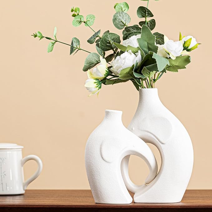 Elephant Couple Vase Set - 2-Piece White Ceramic Vases with Heart-Shaped Trunk Design, Romantic Gifts for Couples, Wedding Gift for Couple, Decorative Vase for Living Room/Dresser