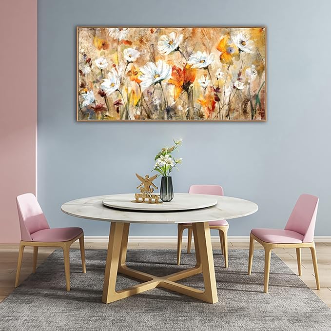 Framed Wall Art Wildflowers Canvas Wall Pictures Abstract Daisy Flowers Canvas Prints Orange Yellow Floral Landscape Painting Artwork for Living Room Bedroom Kitchen Home Office Decor 24"x 48"