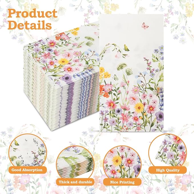 100Pcs Disposable Floral Paper Napkins Decorative Bathroom Napkins Guest Disposable Wild Flower Hand Towels Dinner Party Napkins for Wedding Birthday Party Baby Shower