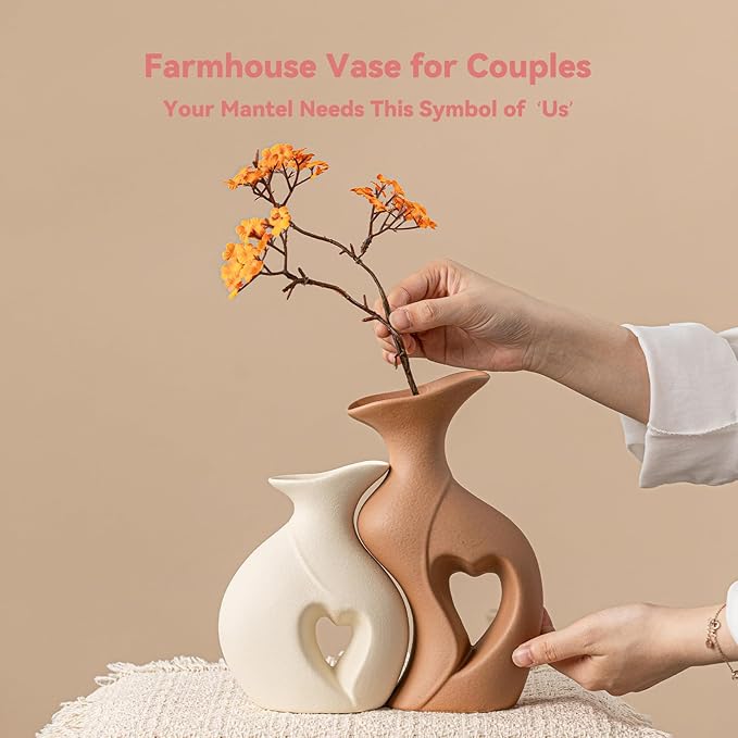 Heart Linked Couple Vase Set - 2-Pcs Beige & Brown Ceramic Vases with Hollow Heart Design, Romantic Gifts for Couples, Wedding Decor for Couple,Decorative Vase for Living Room/Dresser