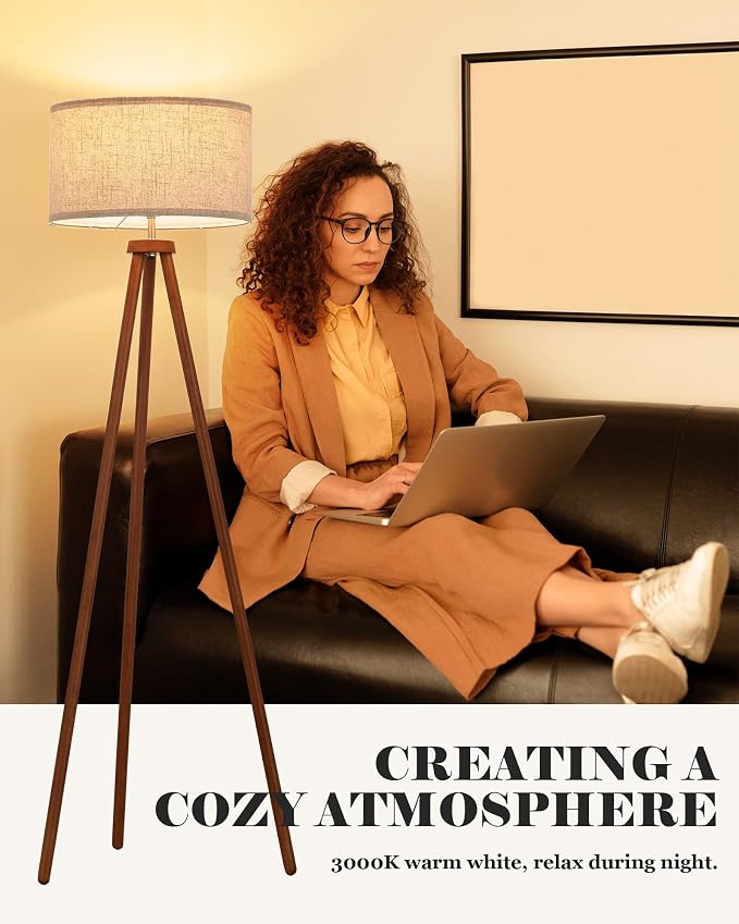 ELYONA Wood Tripod Floor Lamps with 3 Color Temperatures LED Bulb Vintage Standing Light Beige Linen Shade Tall Floor Lamp for Bedroom Living Room Office Study Room, Brown & Nickel Metal