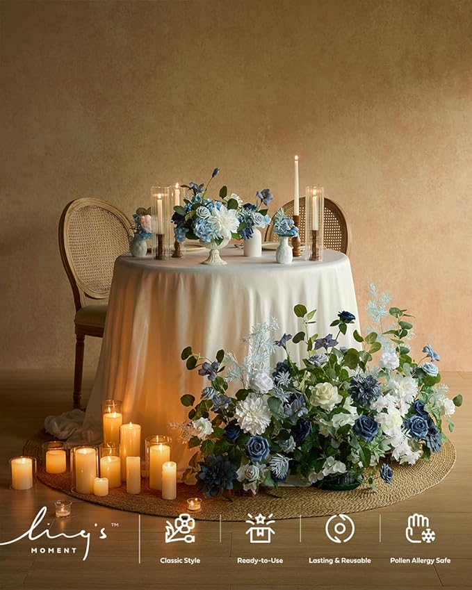 Ling's moment 41" Tall Free Standing Artificial Flowers Arrangements 2 pcs Wedding Arch Altar Stage Decorations Dusty Blue Navy for Ceremony Reception Silk Rose Fake Floral Party Outdoor Beach Decor