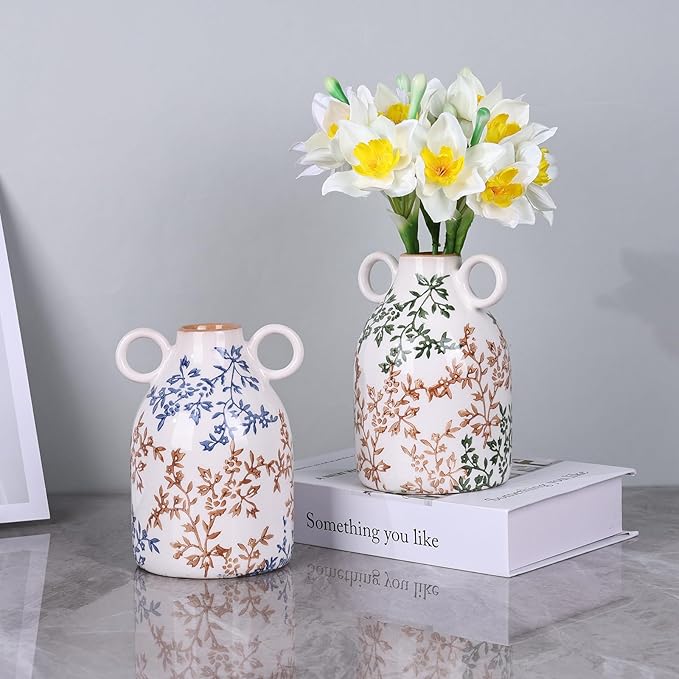 Rustic Blue Ceramic Vase with Handle, Nordic Boho Small Vases Side Table Flower Centerpiece, Wide Mouth Single Flower Vase Pampas Grass Decorative - for Home Window Sill Living Dining Room Kitchen