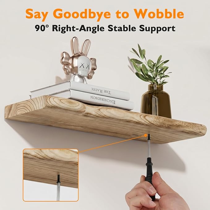 Solid Wood Live Edge Floating Shelves Set of 2 – 24" Rustic Wall Shelf with Hidden Bracket System, Wall Mounted Shelves for Bathroom, Kitchen, Living Room, Bedroom (Light Toasted Brown)