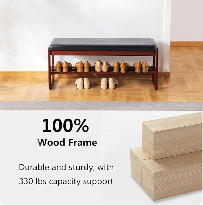 SOBIBO Solid Wood Shoe Bench, 2-Tier Wooden Entryway Bench, Modern Shoe Rack with Faux Leather Cushion for Hallway, Living Room (Black, 39.4'')