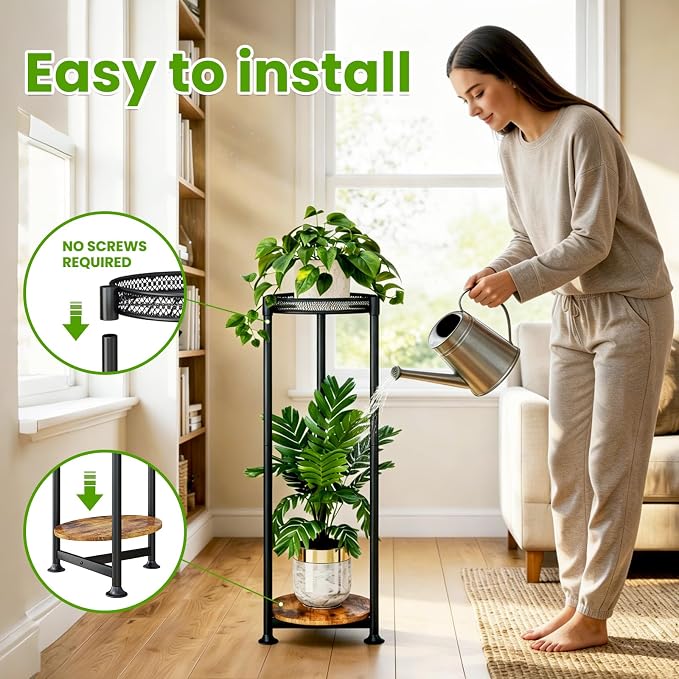 2 Tier Black Plant Stand Indoor,30 Inch Tall Multiple Sturdy Metal Flower Corner Rack for Narrow House Floor Iron Vertical Level Round Orchi Holder Organizer Modern