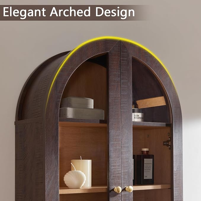 Bathroom Arched Wall Cabinet Over The Toilet Storage Cabinet, 23.5×31.4 Inch bathroom cabinet wall mount with Glass Doors & Adjustable Shelves, Wood Cabinet for Laundry Room, Bedroom Kitchen, Brown