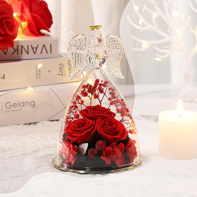 Christmas Angel Gifts for Women,Preserved Flowers Rose in Glass Angel Figurines Flowers for Delivery,Preserved Three Red Rose with Lights,Christmas Birthday Gifts for Grandma Mom Wife Her Sister