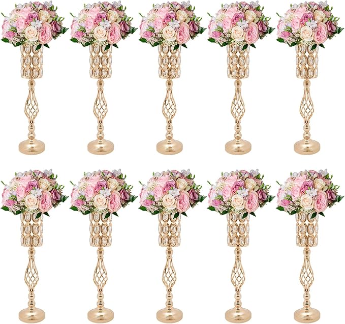 10 PCS Gold Wedding Centerpiece Vases, 24.02in Metal Crystal Wedding Centerpiece Vases, Crystal Metal Flower Vase Stand, for Wedding Party Reception, Dining Room Living Room Décor