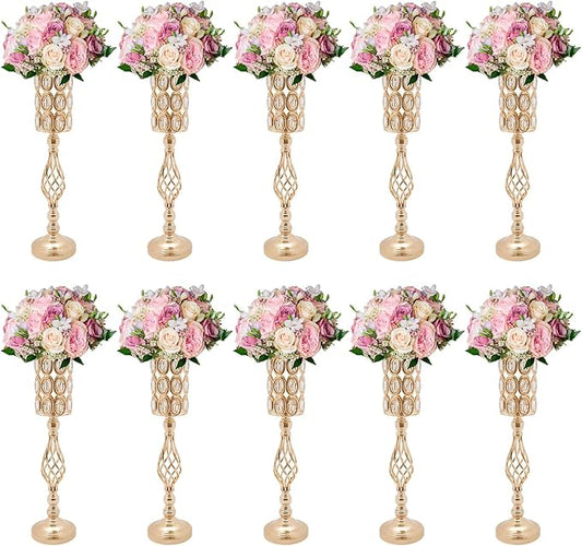 10 PCS Gold Wedding Centerpiece Vases, 24.02in Metal Crystal Wedding Centerpiece Vases, Crystal Metal Flower Vase Stand, for Wedding Party Reception, Dining Room Living Room Décor