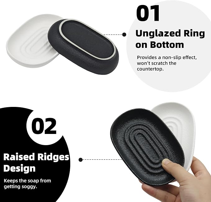 Ceramic Soap Dish for Bathroom & Kitchen Sink- Black Matte Textured Finish Bar Soap Holder for Shower - Easy to Clean Small Simple Oval Soap Dishes Holders for Bar Soaps, Sponges, Jewelry
