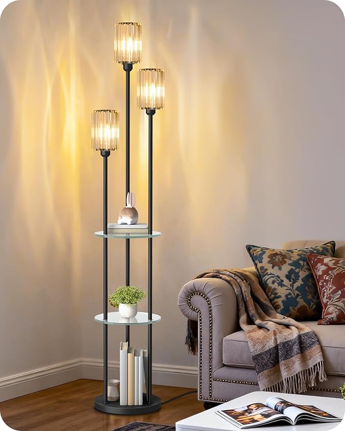 Black Floor Lamp with Shelves, Modern Floor Lamp with 3 Crystal Shades and Foot Switch, 3-Light Standing Lamp, for Living Room, Bedroom, Study, Office, Black B53LD05