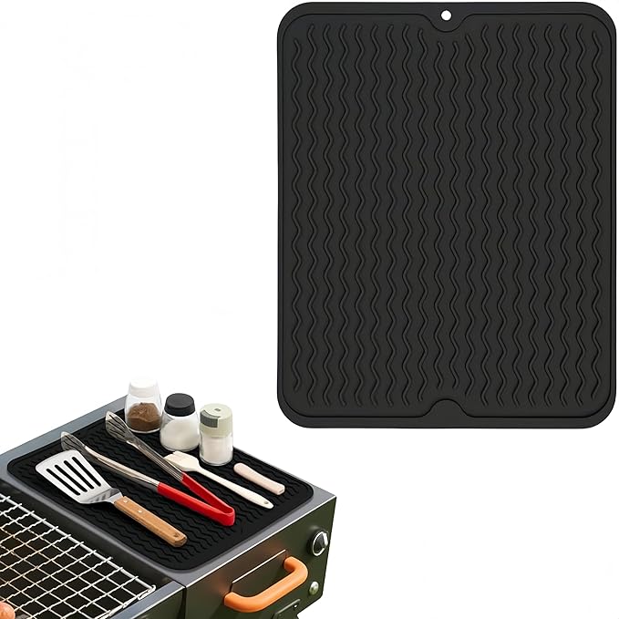 Geban Grill Accessories, 14x11 Inch Silicone Heat Resistant Mat, BBQ Tool Rest Pad for Blackstone Griddle Side Shelf, Weber, Traeger, Outdoor Kitchen Countertop Protector (Black)