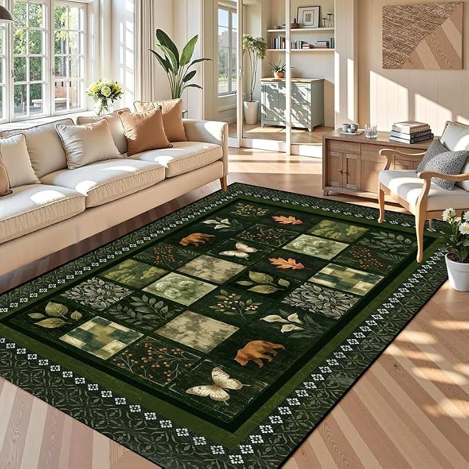 6'x9' Vintage Green Botanical Area Rug Non-Slip Washable Nature Patchwork Carpet Boho Floor Mat Rugs for Bedroom Living Room Nursery Kitchen Playroom Home Decor
