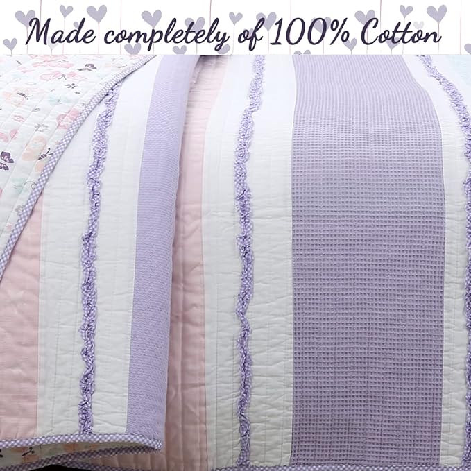 Cozy Line Home Fashions Lavender Blue Pink Ruffles Girl 100% Cotton Reversible Quilt Bedding Set, Coverlet, Bedspread (Lavender Dream, Twin - 2 Piece: 1 Quilt + 1 Sham)