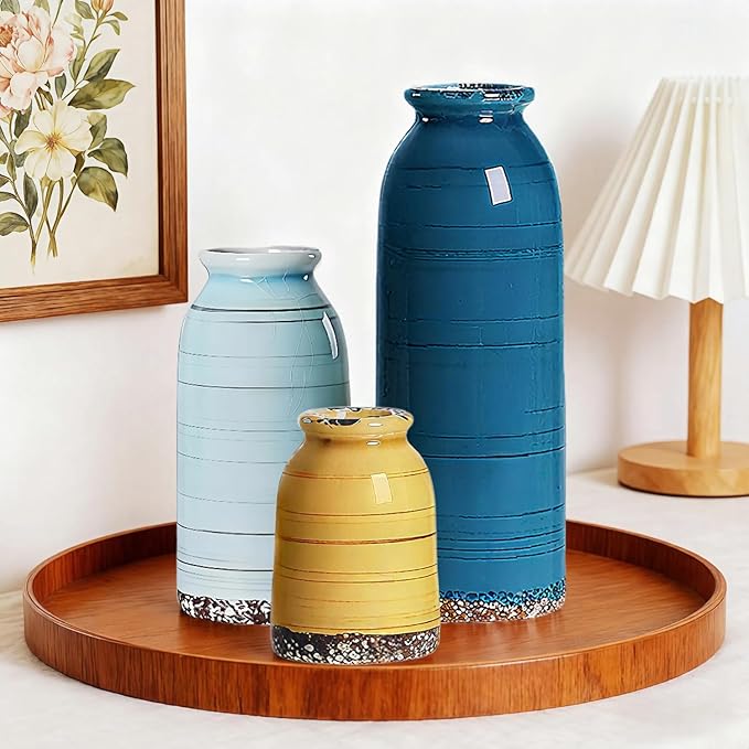 Ceramic Vase Set of 3 – Handcrafted Modern Farmhouse Decorative Vases for Boho Living Room Centerpieces, Entryway Decorations, Coffee Table, Bookshelf, Fireplace Mantel