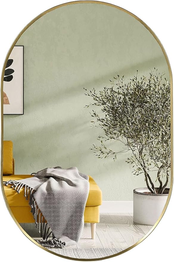 Gold Oval Mirror, 17"x30" Oval Bathroom Mirror, Vanity Mirror with Brushed Metal Frame, Wall Mount Mirrors Decor for Bathroom, Bedroom, Entryway, Living Room(Hangs Horizontally or Vertically)