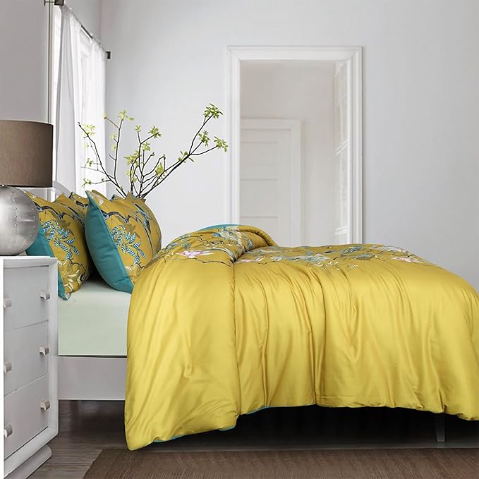King Comforter Set Flowers 3 Pieces Soft 3D Bedding Comforter Tree Branches Flowers Birds Print Botanical Comforter Set for All Seasons 1 Comforter and 2 Pillowcases (Birds, King)