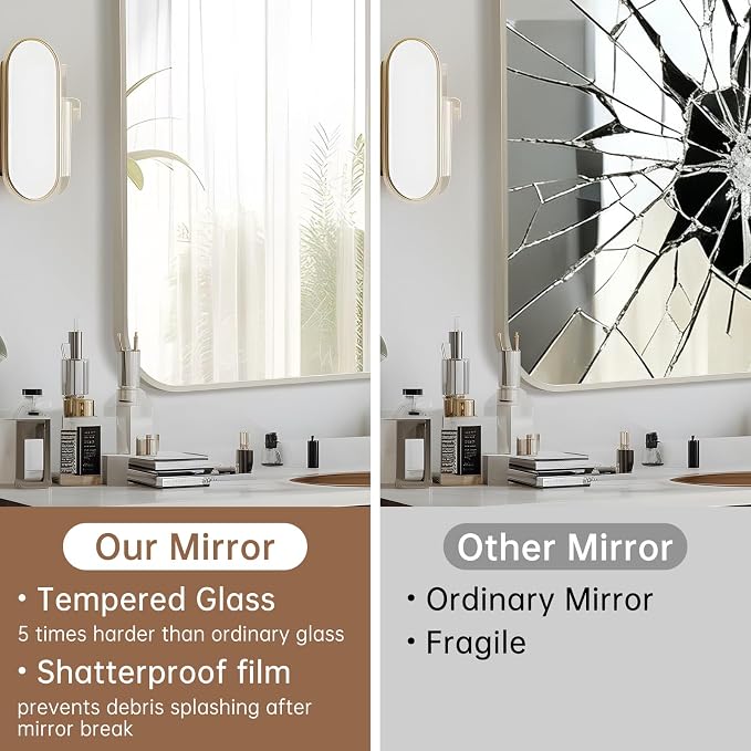 Brushed Nickel Mirror, 24"x36" Rectangle Bathroom Mirror, Metal Frame Rectangle Corner Vanity Mirror, Wall Mounted Mirror for Modern, Living Room, Bedroom, Horizontal Or Vertical