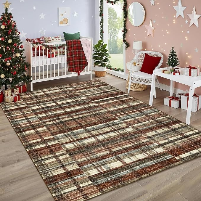 Modern Christmas Rug 9x12 Area Rug for Living Room Washable Rugs Plaid Rug for Bedroom Large Area Rug Non Slip Carpet Stain Resistant Throw Rugs for Dining Room Office Classroom, Red