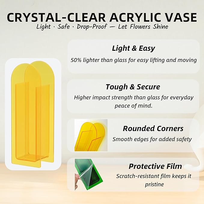 Acrylic Vase Creative Gifts Minimalist Design Wedding Centerpiece Home Office Decor Elegant Floral Display Stand(Not Including Flowers) (Full-Yellow, 1PCS)