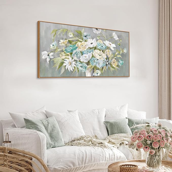 VEAEE Floral Wall Art - Float Framed Abstract Flowers Canvas Pictures Living Room Wall Decor Modern Landscape Painting Botanical Grass Artwork for Bedroom Bathroom Kitchen Office Decor 20"x 40"