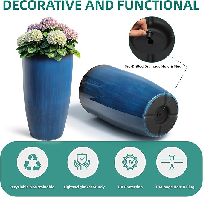 23.8" Tall Planters Large Set of 2 Plant Pots Plastic Flower Pots Outdoor Artistic Floating Cobalt Blue Glaze, UV-Protect & Lightweight PP Container for Garden, Patio, Deck, Porch, Indoor