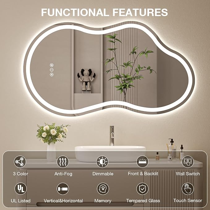 Cloud Shape Asymmetrical LED Vanity Mirror with Lights, 36"x20" Fogless Lighted Bathroom Mirror, 4mm Tempered Glass, Dimmable 3-Color & Memory Function, Wall Mounted (Horizontal/Vertical)